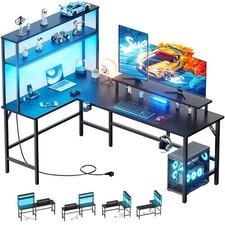 Gaming Tisch mit LED, Gaming Schreibtisch L Form mit 3 Steckdosen und 2 USB
