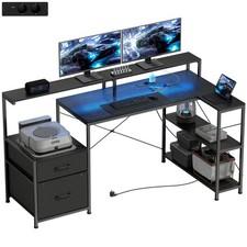 Gaming Tisch L-förmiger 165 x 80 cm Schreibtisch mit LED & Steckdosen 2 Schublad