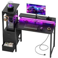 Gaming Tisch mit LED & Monitorständer, Schreibtisch mit 3 Schubladen & Steckdose