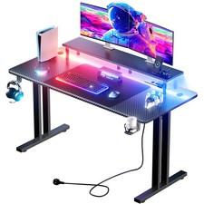 Gaming Tisch mit LED, Gaming Schreibtisch mit 3 Steckdosen & Monitorständer