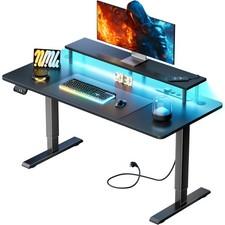 Gaming Tisch mit LED, Höhenverstellbarer Schreibtisch mit Steckdosen