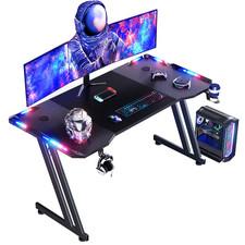 Gaming Tisch mit LED, Gaming Schreibtisch mit Kopfhörerhaken & Getränkehalter